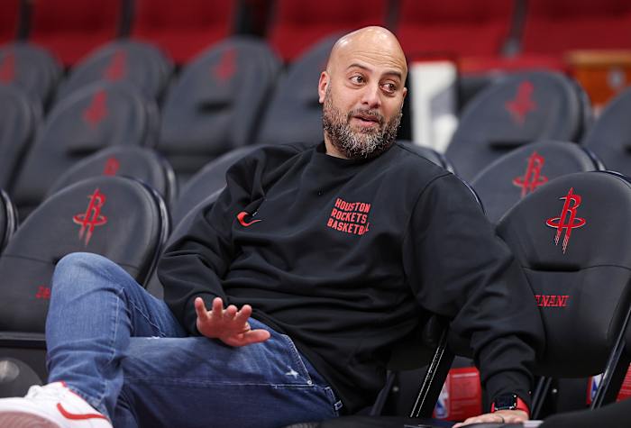 Rockets general manager Rafael Stone talks before the game against the Denver Nuggets at Toyota Center.